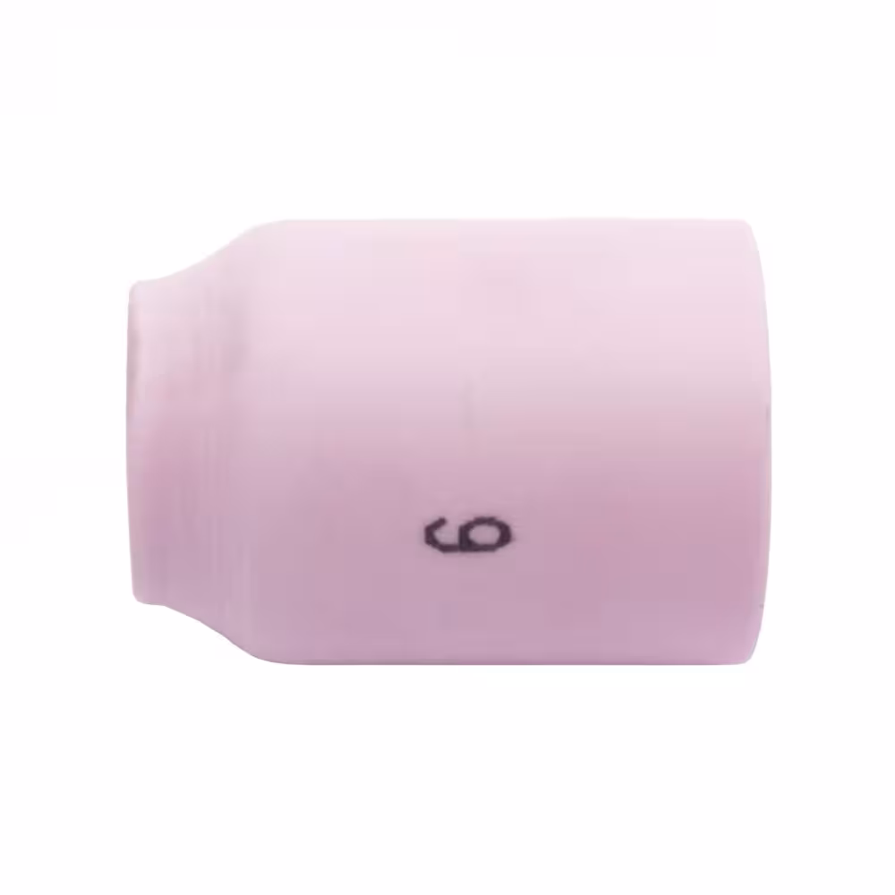 Długa różowa dysza ceramiczna nr 6 do soczewki gazowej TIG 9 i 20, średnica 9,5 mm, długość 42 mm, model NW53N60.