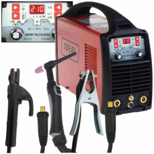 Przemysłowa Spawarka TIG IDEAL EXPERT 210 w kompletnym zestawie z uchwytem TIG, przewodem masowym, przewodem elektrodowym MMA oraz cyfrowym panelem sterowania.