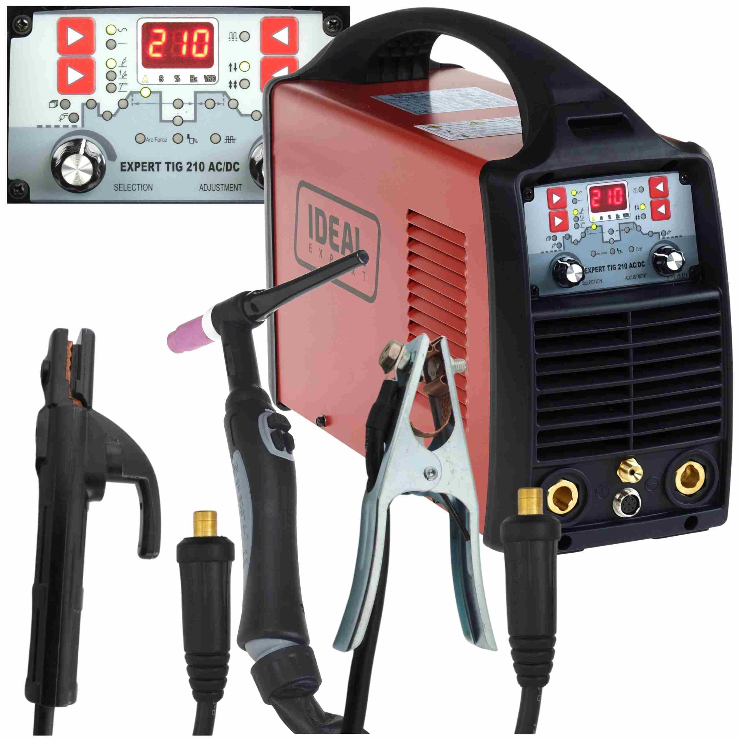 Przemysłowa Spawarka TIG IDEAL EXPERT 210 w kompletnym zestawie z uchwytem TIG, przewodem masowym, przewodem elektrodowym MMA oraz cyfrowym panelem sterowania.