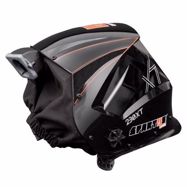 Tył przyłbicy spawalniczej SPARTUS Master 230XT widok na ergonomiczne nagłowie i wnętrze z kasetą filtra automatycznego.