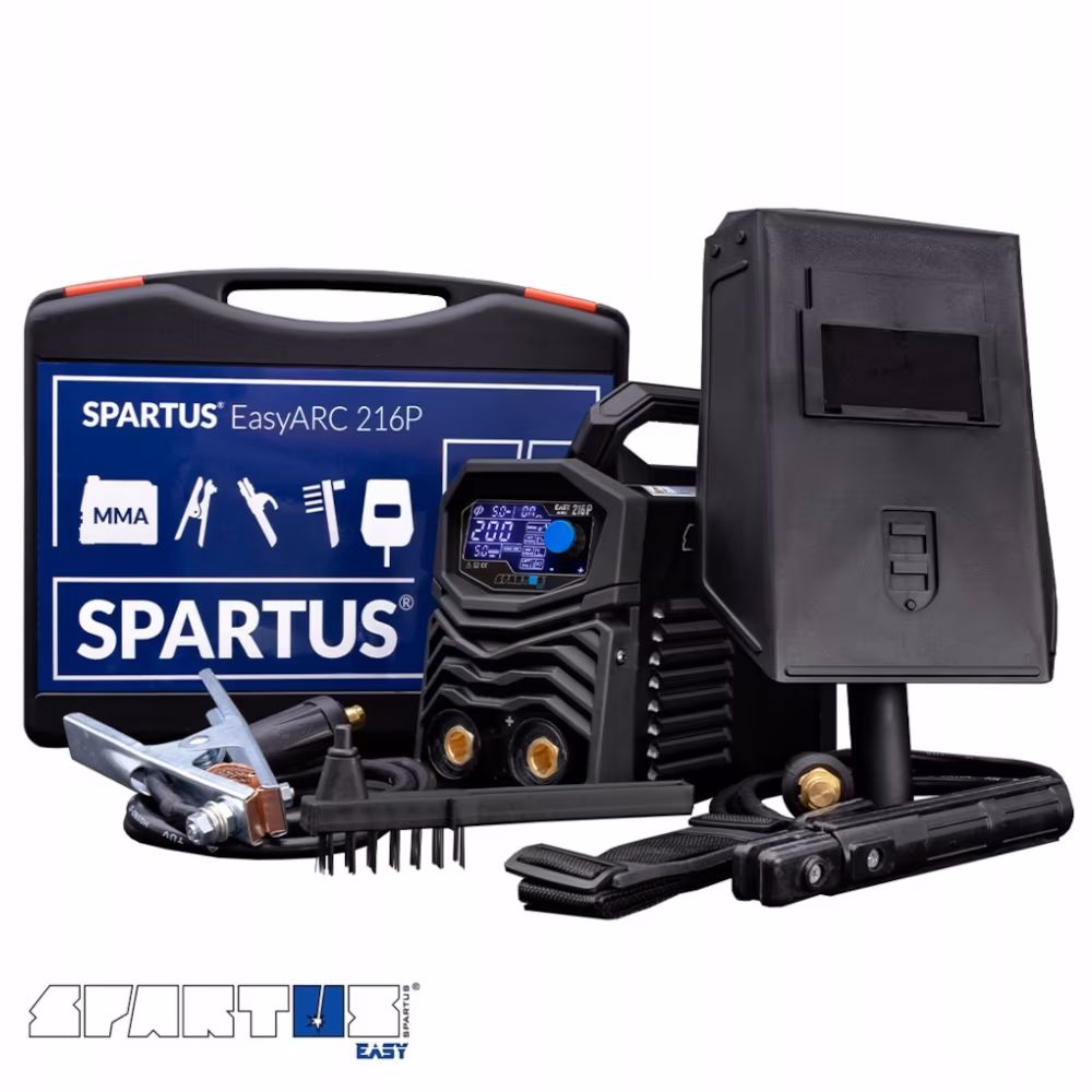 Kompletny zestaw spawalniczy SPARTUS EasyARC 216P MMA z walizką transportową, przewodami, tarczą i młotkiem.