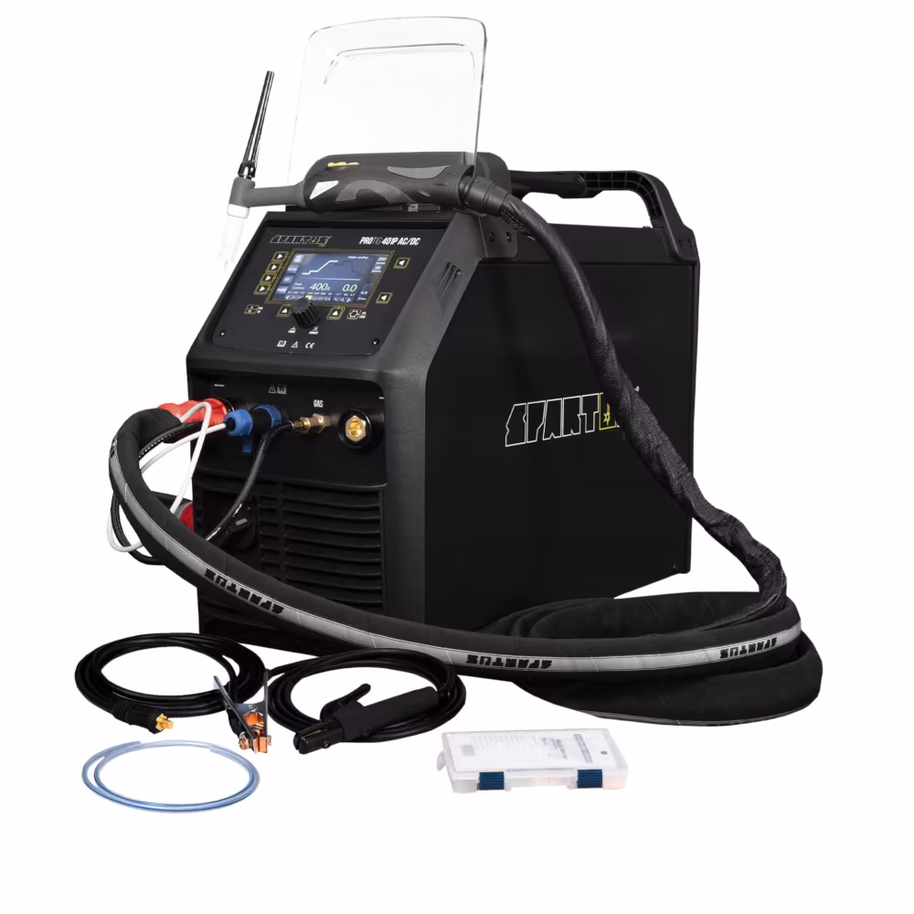 Kompletny zestaw spawalniczy TIG SPARTUS ProTIG 401P AC/DC 400A z uchwytem TIG SPP 26, przewodem masowym i akcesoriami.