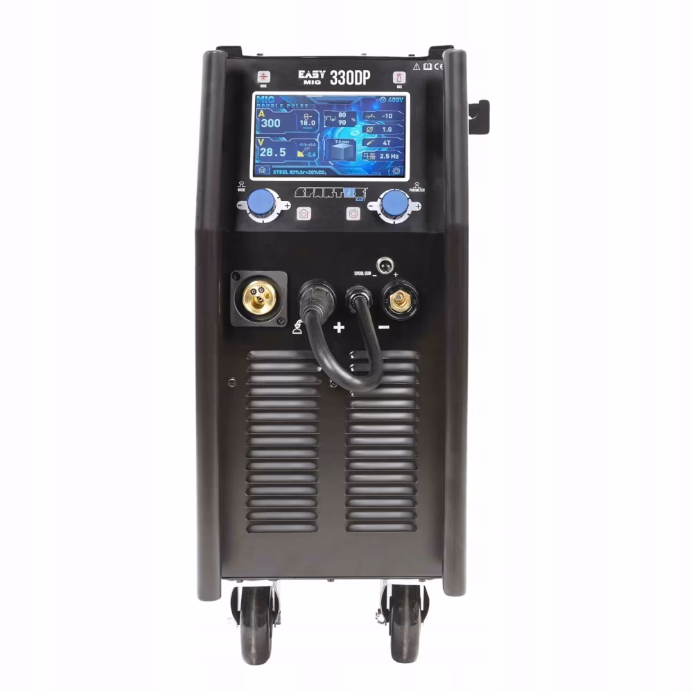 Panel sterowania LCD i gniazda przyłączeniowe spawarki SPARTUS EasyMIG 330 DUAL PULSE synergia