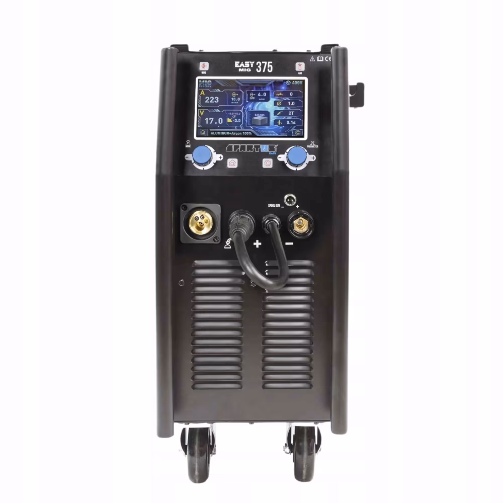 Panel sterowania z wyświetlaczem LCD spawarki SPARTUS EasyMIG 375 ustawienia synergiczne
