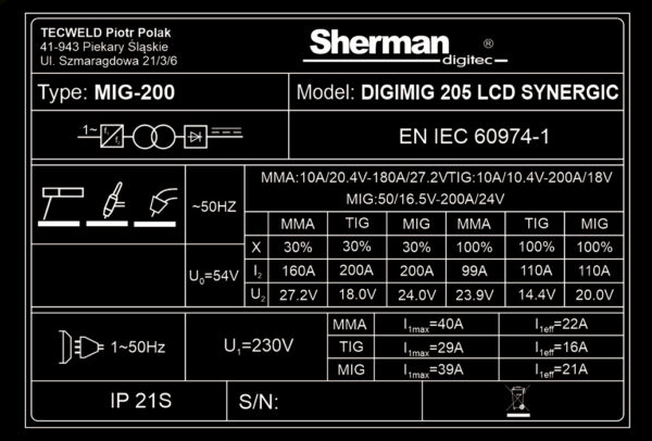 SPAWARKA migomat DIGIMIG 205 LCD SYNERGIC SHERMAN MIG MMA TIG 200A 230V - obrazek 14