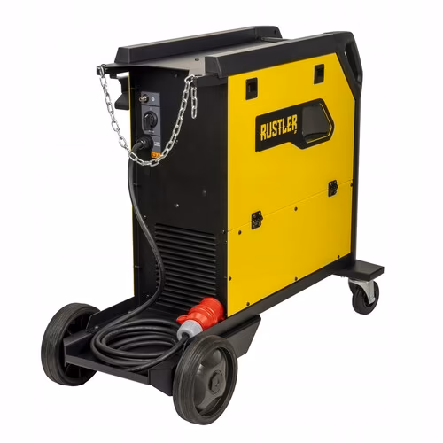 Tył obudowy spawarki inwertorowej Esab RUSTLER EM 350C PRO z widocznym złączem zasilania 400V i wentylatorem.
