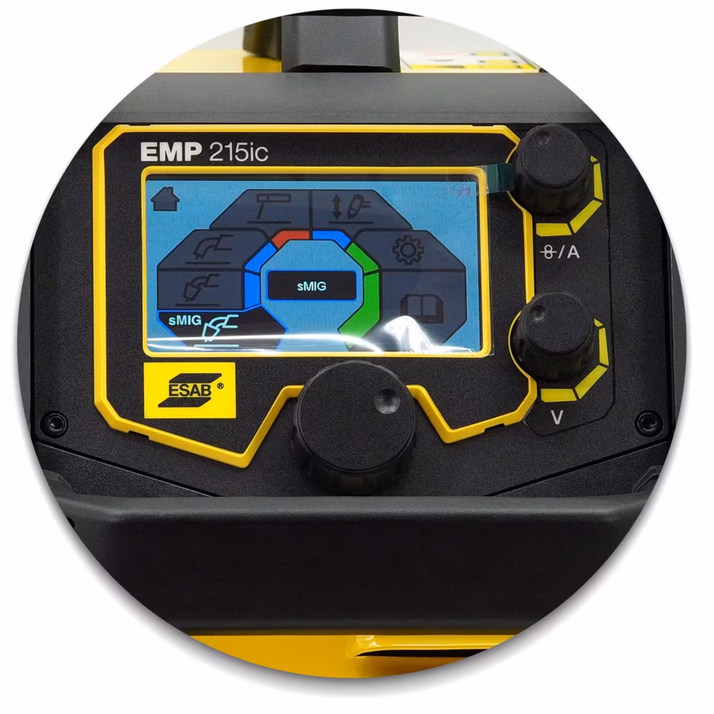 Zbliżenie na kolorowy ekran TFT spawarki ESAB Rebel EMP 215ic wyświetlający parametry pracy i inteligentną technologię sMIG