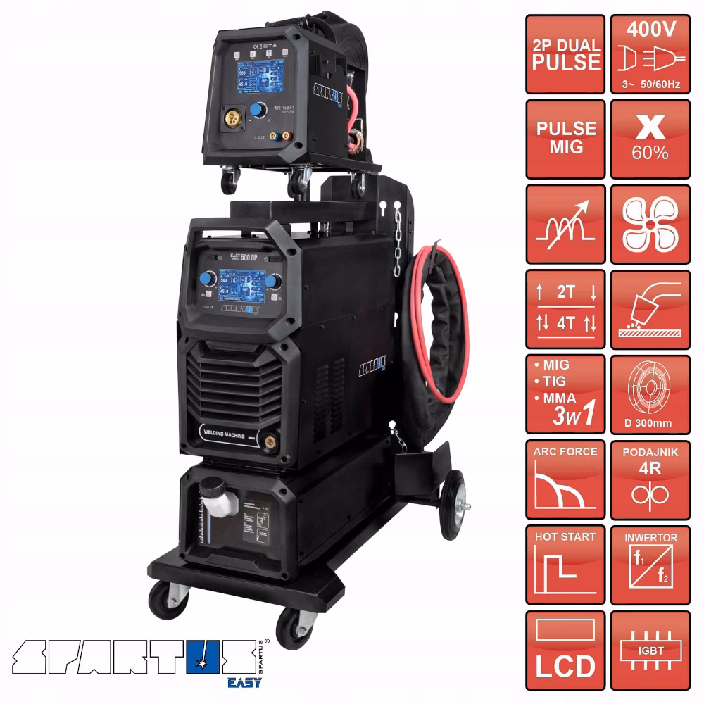 Źródło prądu spawarki SPARTUS EasyMIG 500DP DUAL PULSE z podłączoną chłodnicą oraz zaawansowanym podajnikiem drutu na górze.