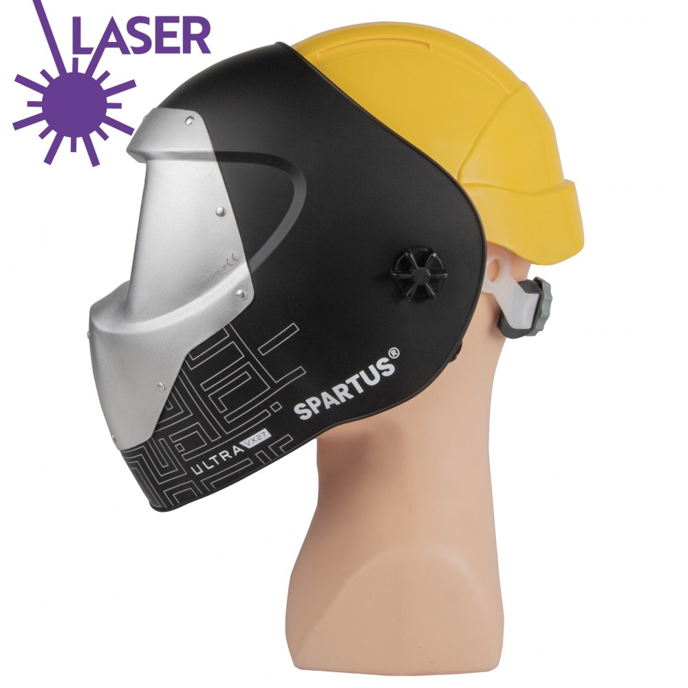 Profesjonalna przyłbica do spawania laserowego SPARTUS Ultra VX27 z kaskiem ochronnym i adapterem, specjalistyczna maska do laserów klasy 4.