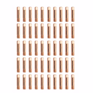 Hurtowy zestaw 50 sztuk miedzianych końcówek prądowych M6x25 mm o średnicy 1,0 mm model TS.184 do uchwytu spawalniczego MIG MAG typu MB15 na jasnym tle.
