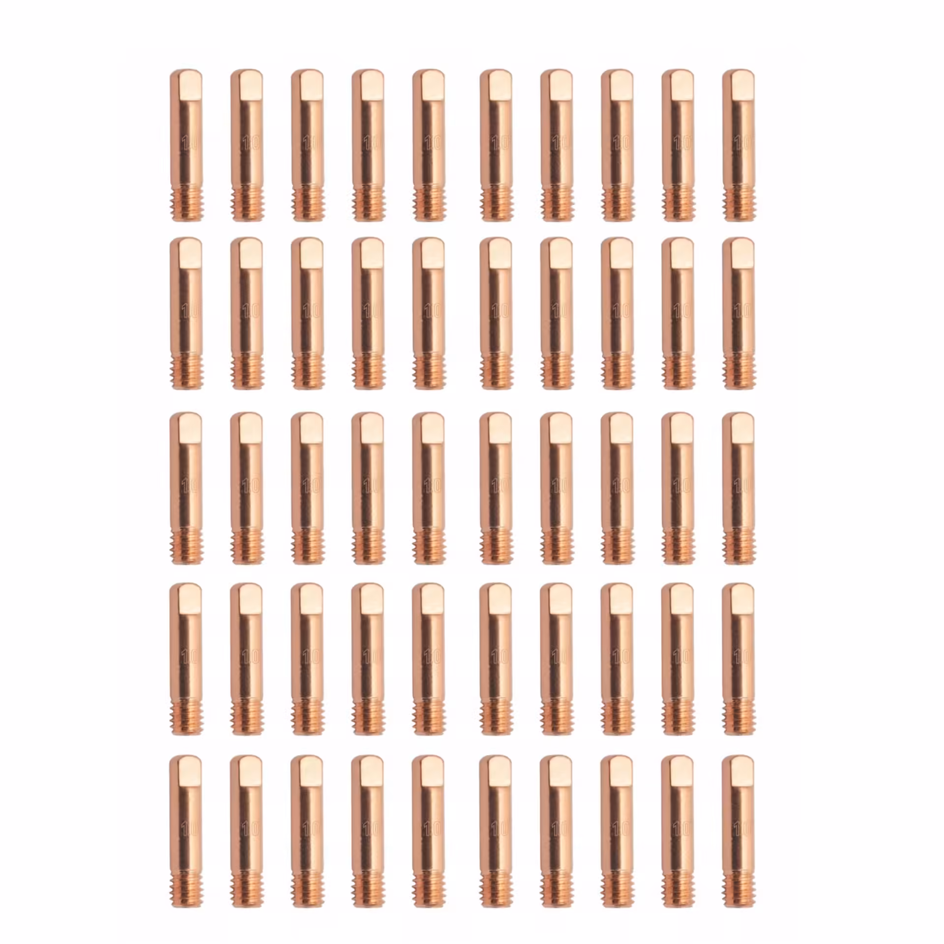 Hurtowy zestaw 50 sztuk miedzianych końcówek prądowych M6x25 mm o średnicy 1,0 mm model TS.184 do uchwytu spawalniczego MIG MAG typu MB15 na jasnym tle.