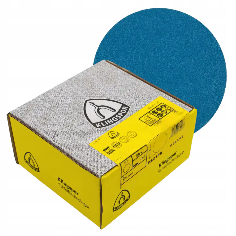 Krążek ścierny na rzep Klingspor PS 21 FK 125mm gradacja P180 do wykańczającego szlifowania stali nierdzewnej i metalu.