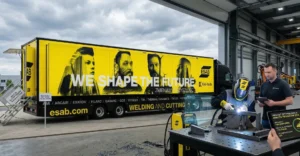 Ciężarówka demobus ESAB przy hali produkcyjne u klienta Kiel-tech