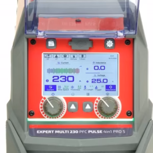 5-calowy dotykowy ekran LCD spawarki EXPERT MULTI 230 PFC wyświetlający ustawienia funkcji podwójnego pulsu i parametry synergiczne.