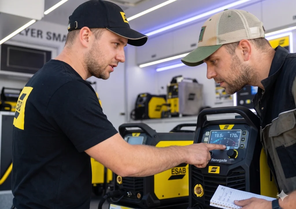 Doradca techniczny KIELTECH omawia funkcje spawarki ESAB z klientem podczas pokazu w firmie.