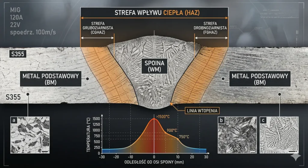 Schemat przekroju złącza spawanego z zaznaczoną Strefą Wpływu Ciepła HAZ oraz linią wtopienia.