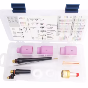 Zestaw akcesoriów spawalniczych TIG BOX z dużą soczewką gazową do uchwytów 17, 18 i 26, przystosowany do elektrody o średnicy 2.4mm.