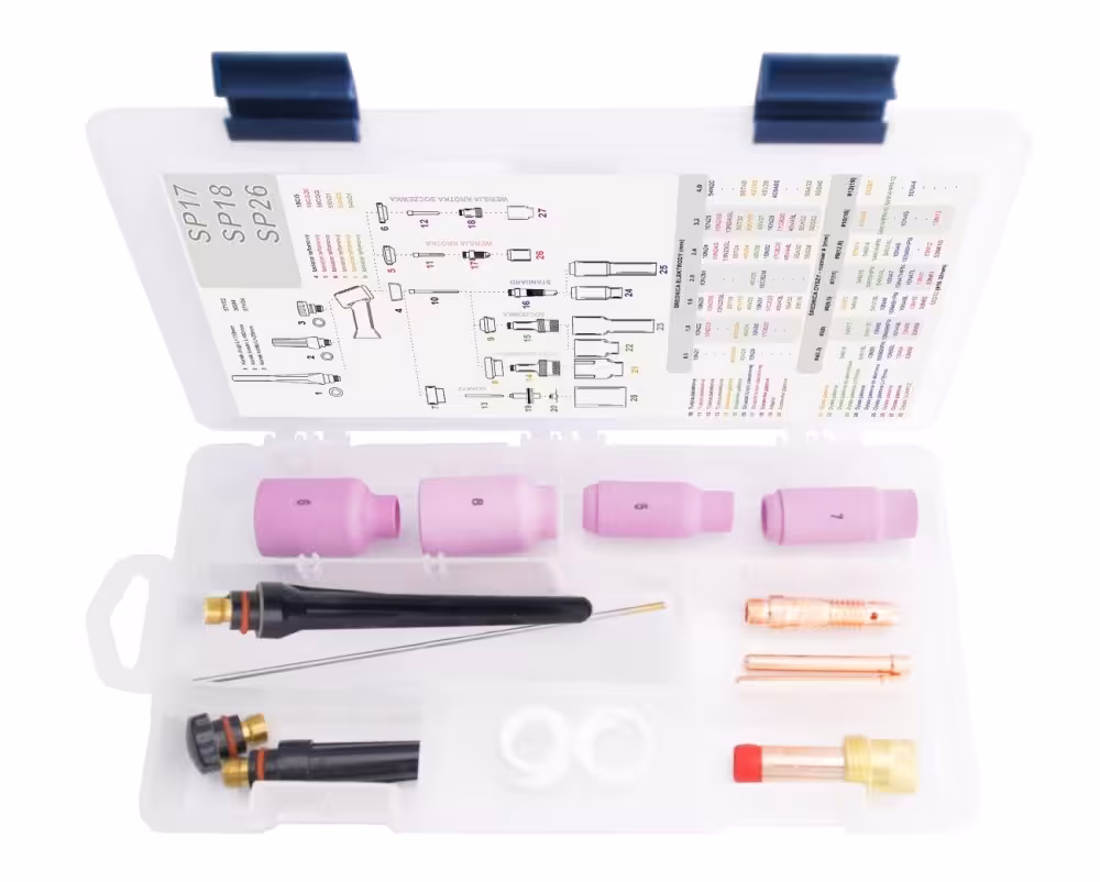 Zestaw części eksploatacyjnych TIG BOX STANDARD do uchwytów 17, 18 i 26 na elektrodę 1.6mm – akcesoria spawalnicze.