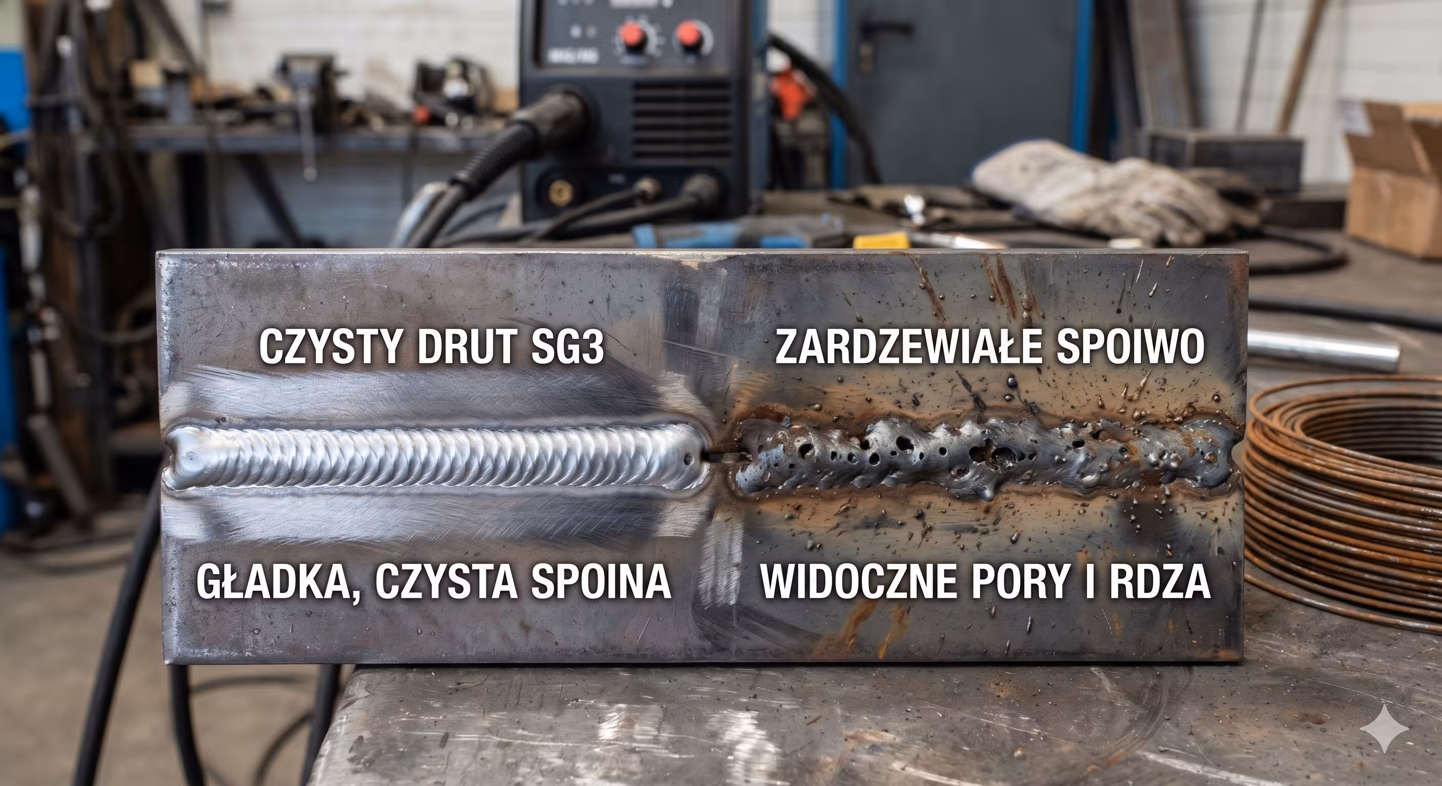 Porównanie spoiny wykonanej czystym drutem SG3 oraz zardzewiałym spoiwem z widocznymi porami.