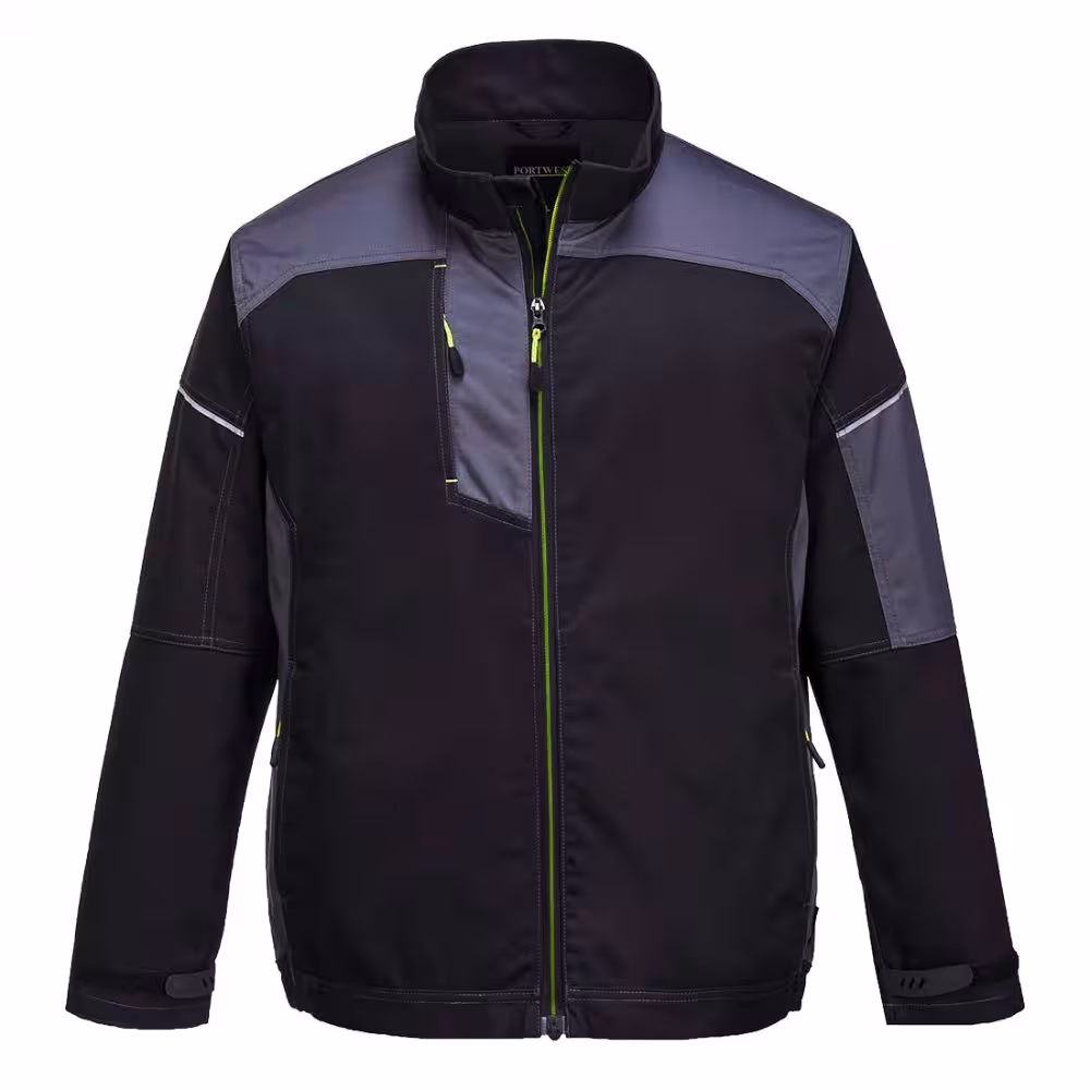 Czarna bluza robocza PW3 Portwest T603BZR z szarymi panelami i odblaskami - przód.