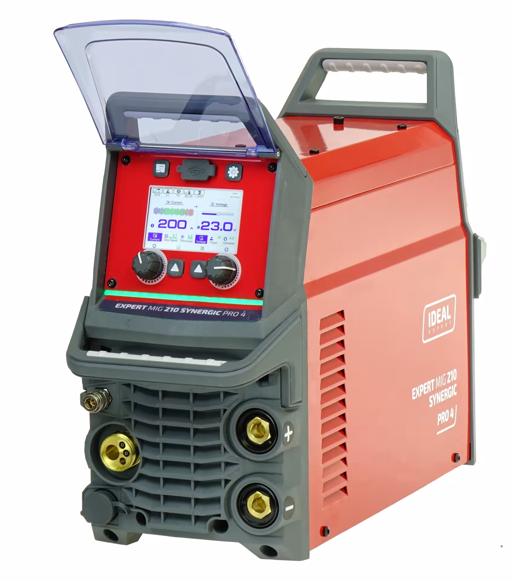 Wielofunkcyjna spawarka inwertorowa EXPERT MIG 210 SYNERGIC Pro4 LCD z 4-calowym wyświetlaczem, uchwytem MIG 15 i przewodami