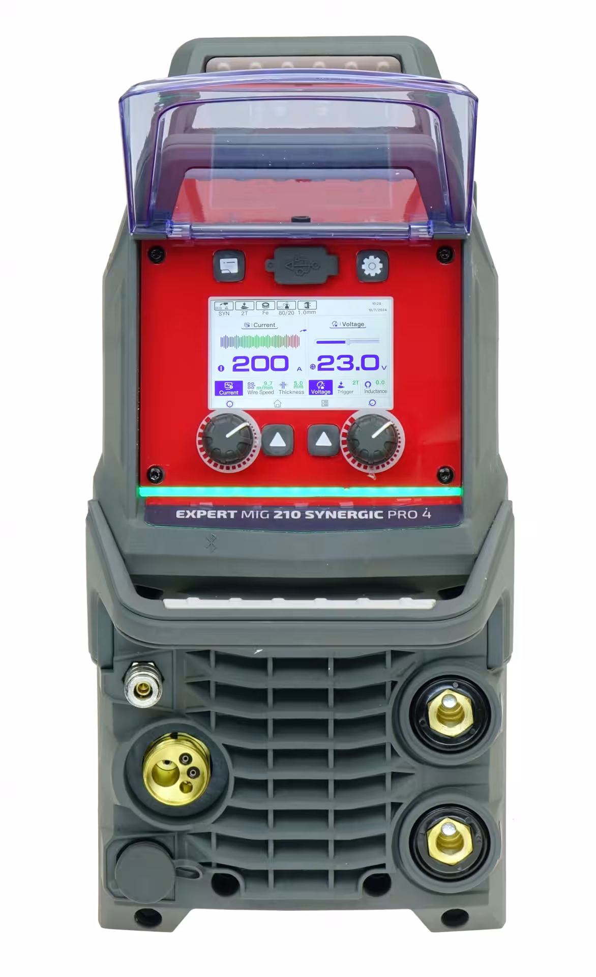 Wielofunkcyjna spawarka inwertorowa EXPERT MIG 210 SYNERGIC Pro4 LCD z 4-calowym wyświetlaczem, uchwytem MIG 15 i przewodami