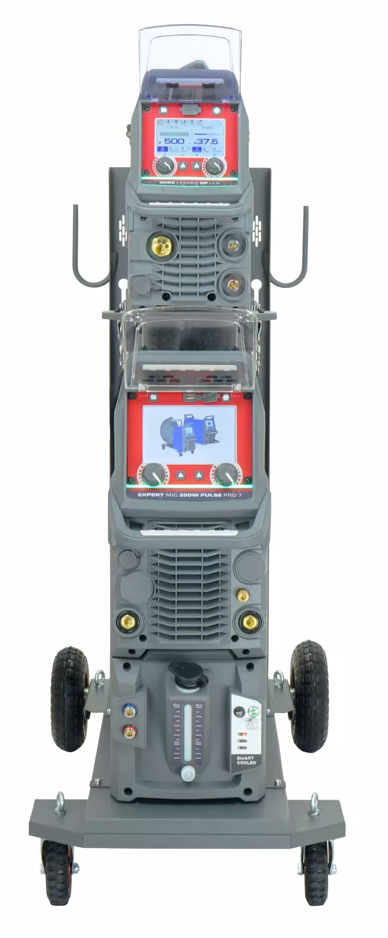 Trójfazowa spawarka przemysłowa EXPERT MIG 550W PULSE Pro7 LCD z zewnętrznym podajnikiem drutu, chłodnicą wodną i wózkiem