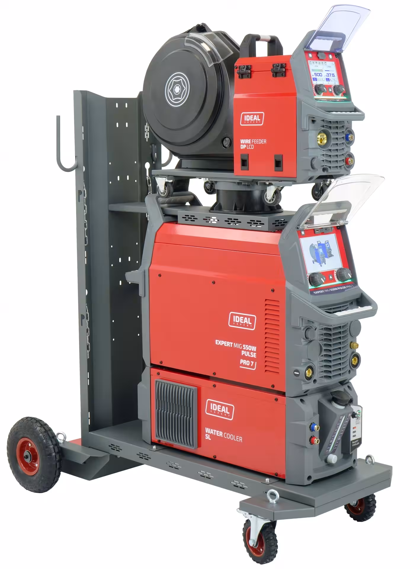 Trójfazowa spawarka przemysłowa EXPERT MIG 550W PULSE Pro7 LCD z zewnętrznym podajnikiem drutu, chłodnicą wodną i wózkiem