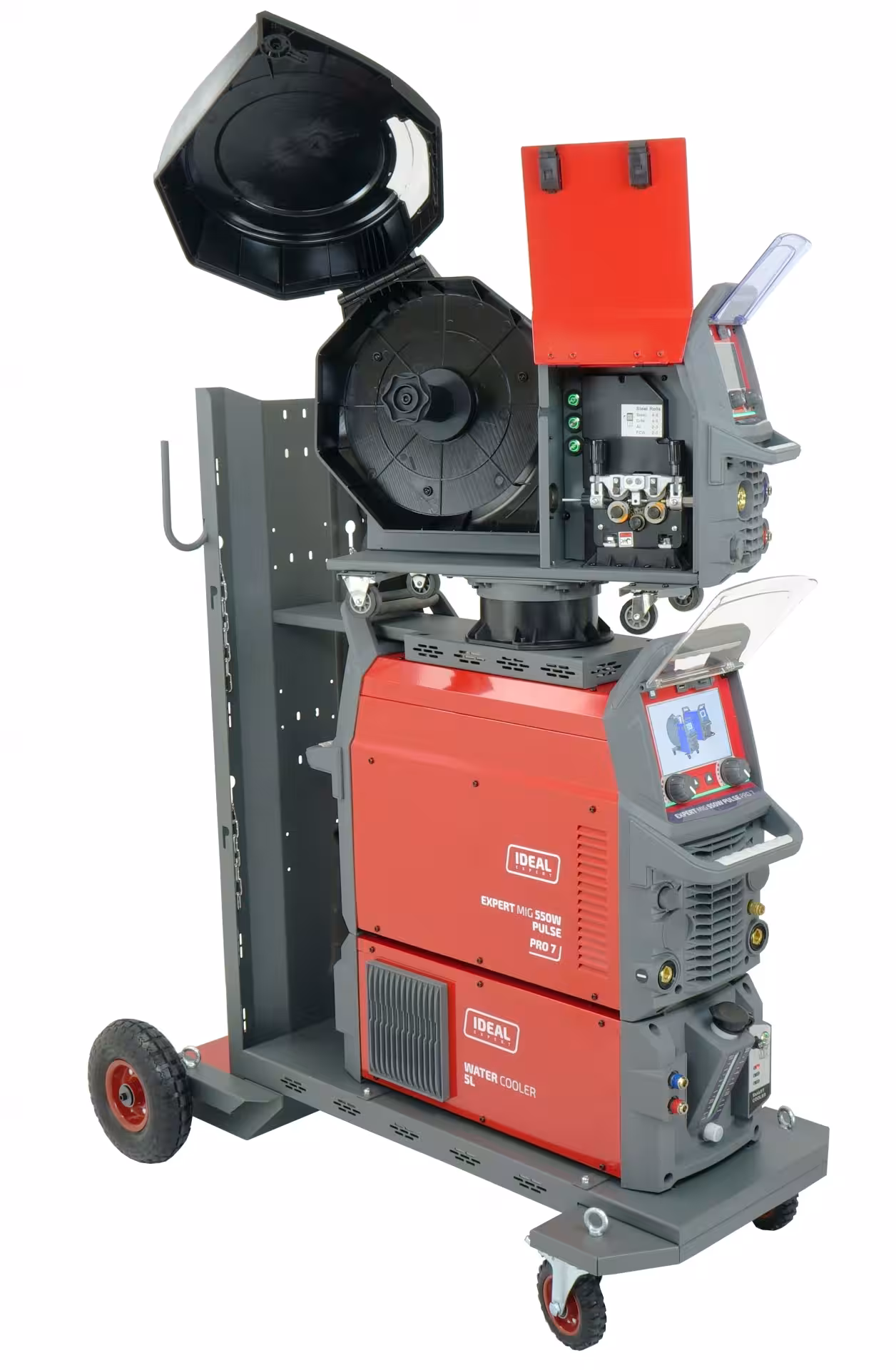 Trójfazowa spawarka przemysłowa EXPERT MIG 550W PULSE Pro7 LCD z zewnętrznym podajnikiem drutu, chłodnicą wodną i wózkiem