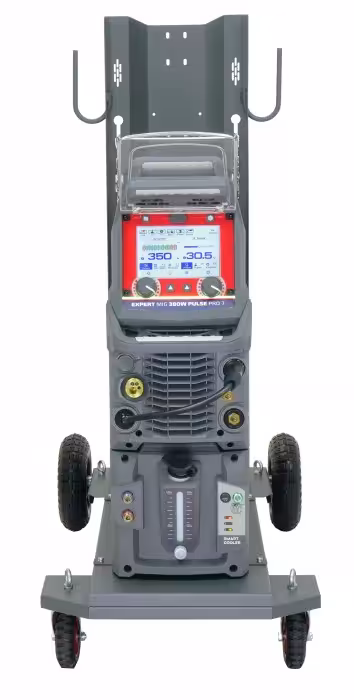 Trójfazowy półautomat spawalniczy EXPERT MIG 380W PULSE z chłodnicą widok z przodu na wózku