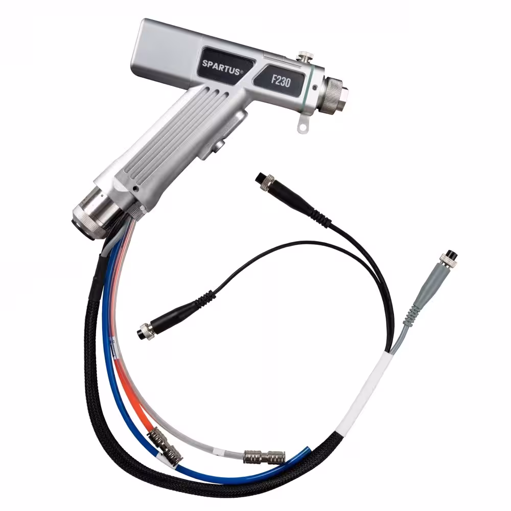 Ręczna głowica lasera SPARTUS F230, ergonomiczny uchwyt laserowy o kodzie produktu SP050-0F-230 do spawarek i wycinarek laserowych.