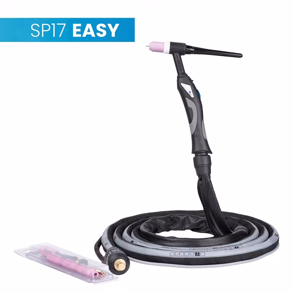 Uchwyt spawalniczy TIG SPARTUS EasyTIG 17 o długości 4m, chłodzony gazem, z przyłączem prądowym SK35, wtykiem Rec6 i ergonomiczną rękojeścią mini 1B.