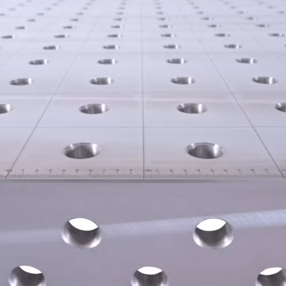 Perfekcyjnie płaska baza robocza do codziennych zadań produkcyjnych z wyraźną siatką otworów spawalniczych i podziałką.